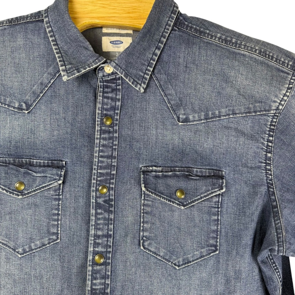 Old Navy Men's Denim Western Shirt Long Sleeve Blue Snap Button Size L